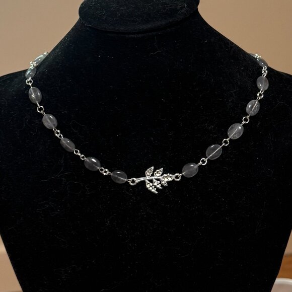 Genuine Grey Tourmalinated Quartz Short Necklace, Gemstone & Leaf Branch Pendant - Picture 3 of 14
